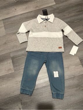 7 For All Mankind Grey & White Striped Polo Sweatshirt with Blue Jogger Jeans